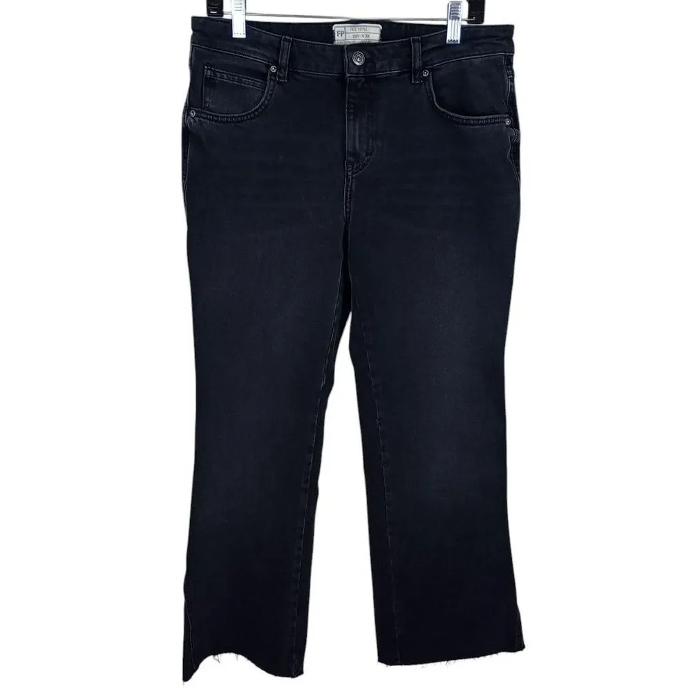 Free People Rita Crop Frayed Flare Black Jeans Women's Size 30 Retro Festival